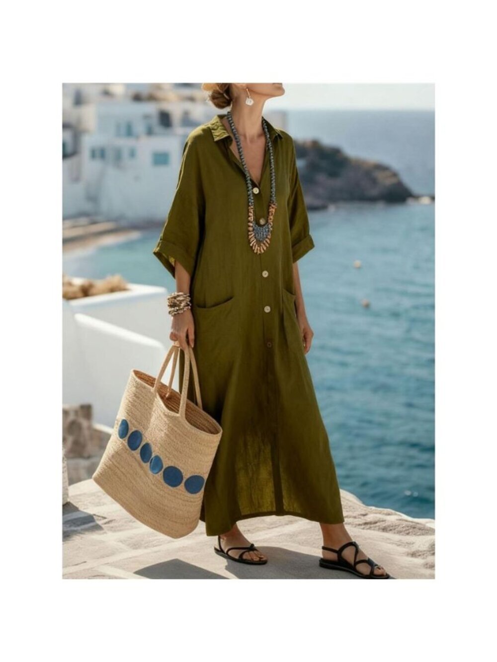 Button Front 3/4 Sleeve Maxi Dress